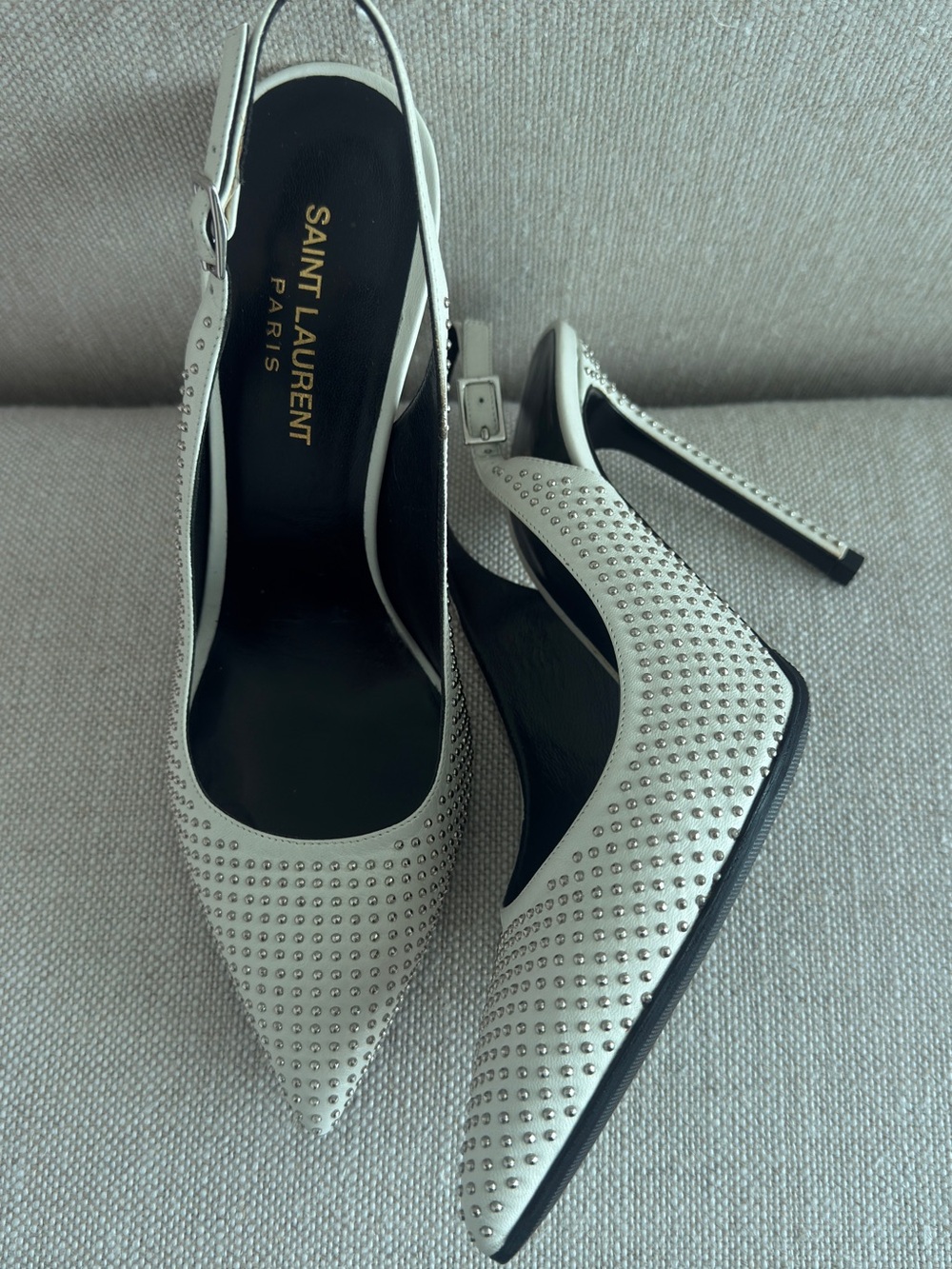 Saint Laurent White Studded Pointed Slingback Pumps - Picture 7 of 7
